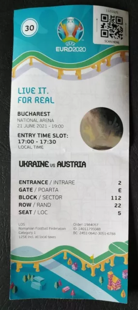 TICKET EM 2020 21.6.2021 Ukraine - Austria Österreich # 22/5 Match 30