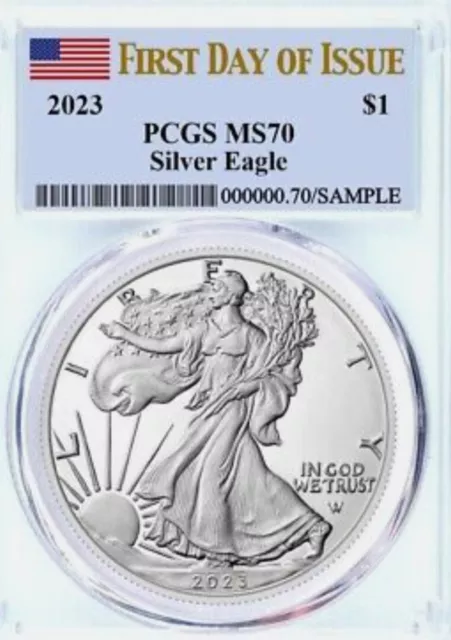 2023 $1 Silver Eagle PCGS MS70 First Day of Issue Flag Label