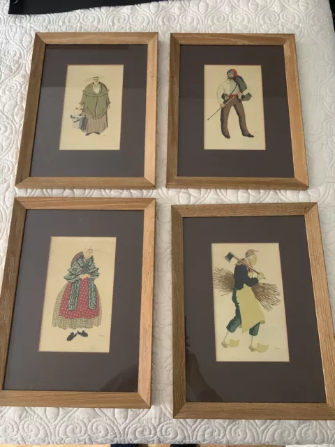 Set of 4 Vintage French Historical Fashion Prints Framed Signed Plate Klein