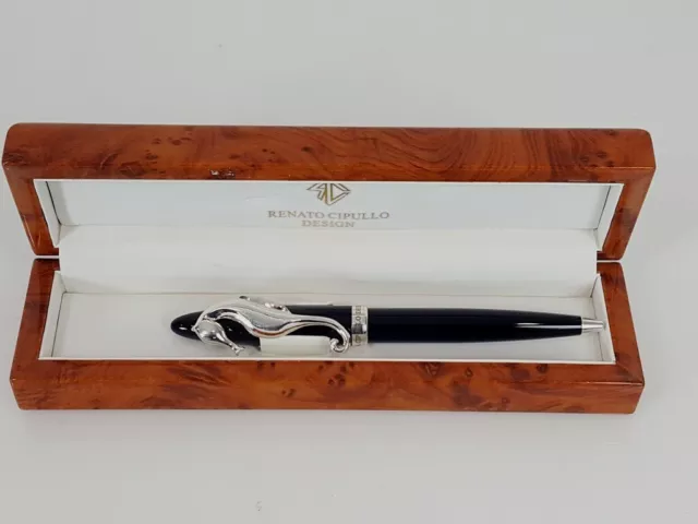 Renato Cipullo Black Silver Seahorse Ballpoint Pen With Woodgrain Lacquer Box