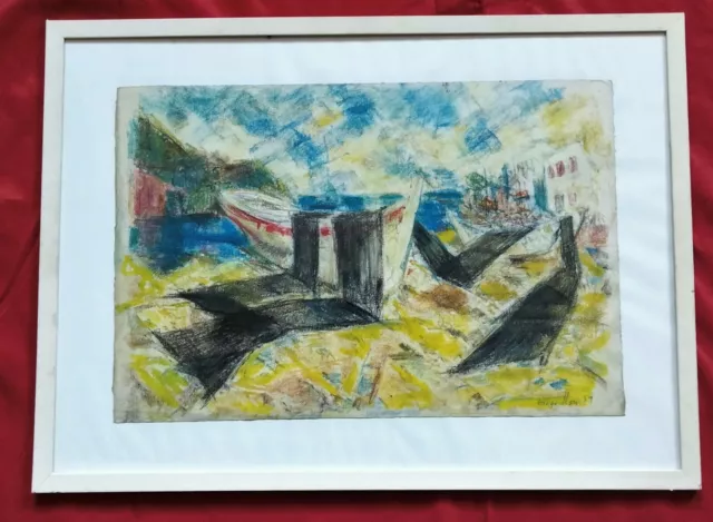 Beau pastel de 1959 par Robert Bouquillon "le port réparations des bateaux"