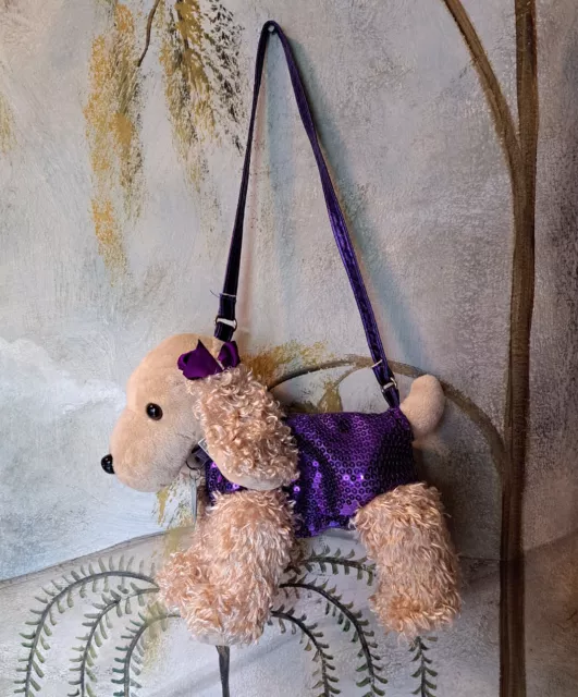 Poochie & Co Plush Cocker Spaniel Dog Puppy Kids Purse Purple Strap Sequins