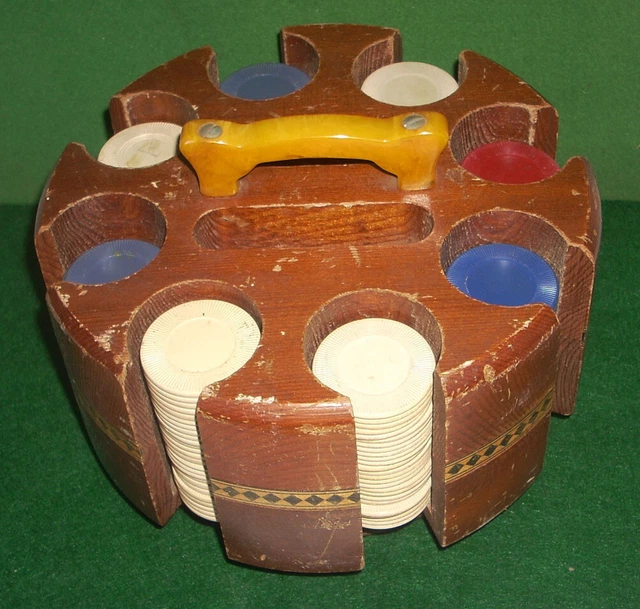 Chip Rack Handle VINTAGE ART DECO Inlaid Wood Poker Chip Rack Bakelite Handle & 191 ...