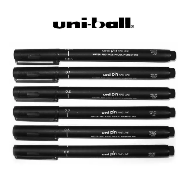 Uni Ball Pin Drawing Pen Pigment Liner Set Black ink 0.05mm to 0.8mm - Set  of 6