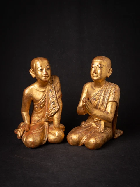 Antique pair wooden Burmese Monk statues from Burma, 19th century