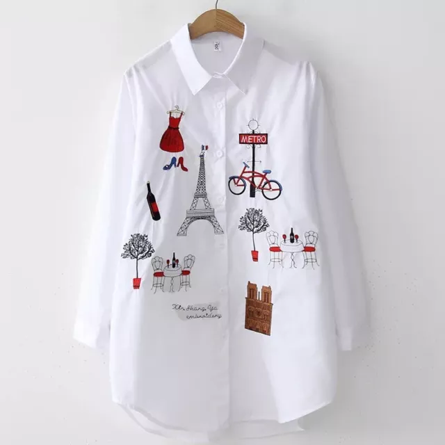 Women Blouse Long Sleeve Cotton Embroidery Casual Button Turn Down Collar Shirt