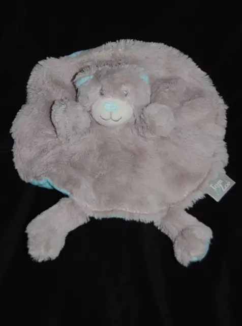 Doudou plat rond TOM & ZOE ours beige gris dessous bleu turquoise marionnette