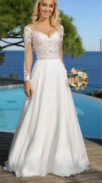 LADYBIRD 522013 WEDDING Dress UK 14 Unaltered Ex-Sample Lace Long Sleeve  Chiffon 363.70 - PicClick UK