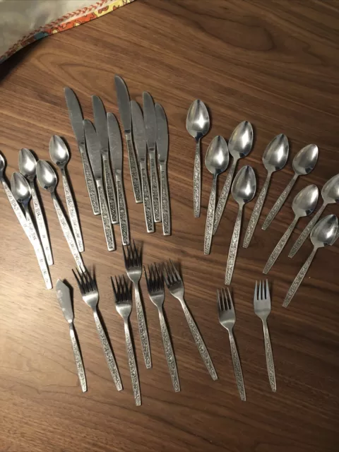 Vtg FLORAL Rogers LA SPANA Fork Spoon Knife Stainless Flatware Korea Set of 31