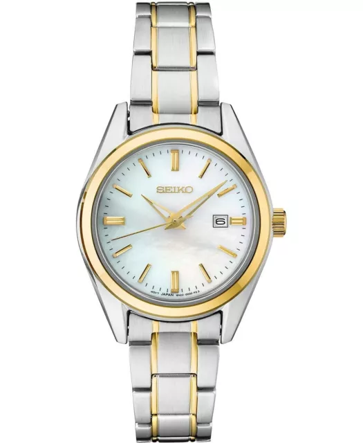 Seiko Women's $275 Essentials Gold Silver Two-Tone Mop Dial Date Watch Sur636