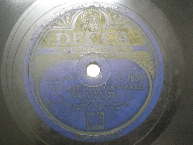 The Street Singer Arthur Tracy F 7835 India Indian Rare 78 Rpm Record 10" Vg+