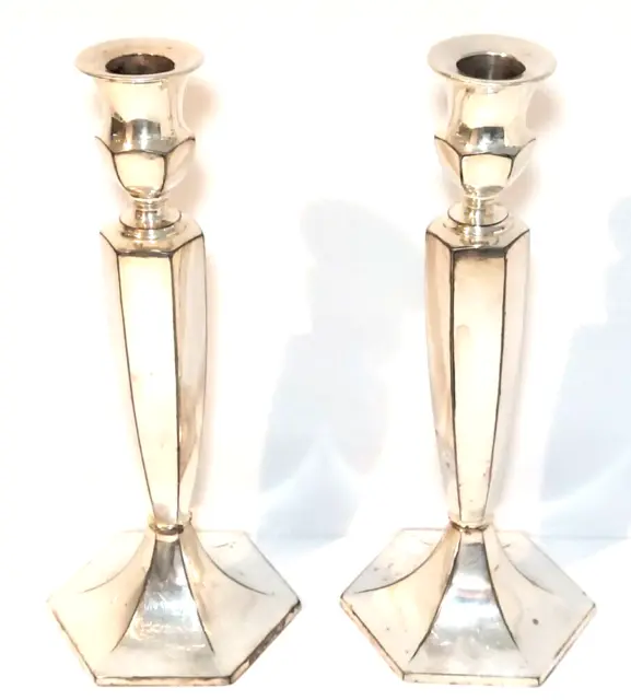 Pair of Wilcox International Silver Plate 10" Deco Pillar Candle Holders #8553