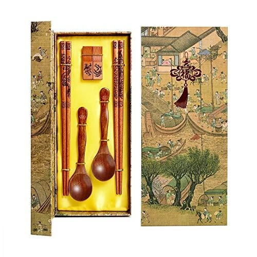 Chopsticks Reusable Wooden Chopsticks Spoon with Holder&Portable Cloth Bag Tr...