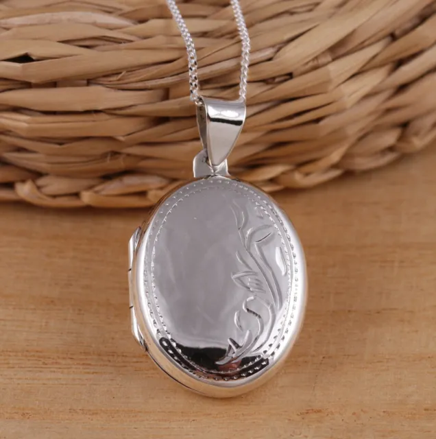 Solid 925 Sterling Silver Engraved Oval Photo Locket Pendant Necklace Chain Box