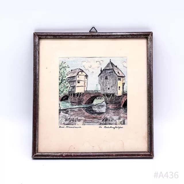 Vintage Grabado „ Malo Kreuznach - La Brückenhäuser “ Con Marco de Fotos