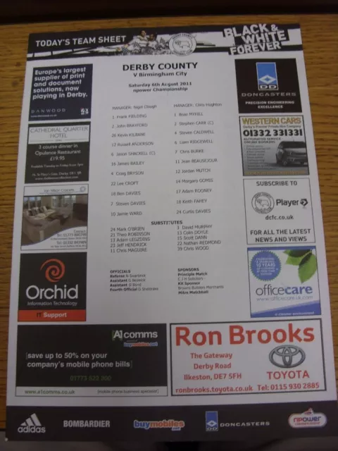 06/08/2011 Colour Teamsheet: Derby County v Birmingham City (Folded). Good condi