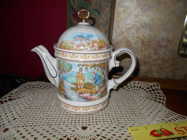 Wellington Staffordshire Sadler Sporting Scenes 18th Century FISHING Teapot