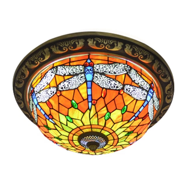 Tiffany Stained Glass Flush Mount Ceiling Light Baroque Bedroom Ceiling Lamp