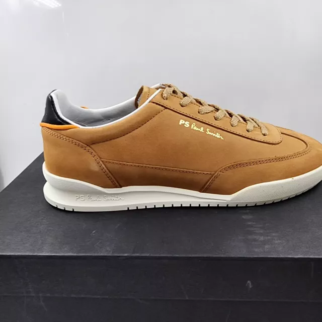 PAUL SMITH Gold Logo Dover Sneaker Men's 8 Tan Cow Leather Lace-up Round Toe~