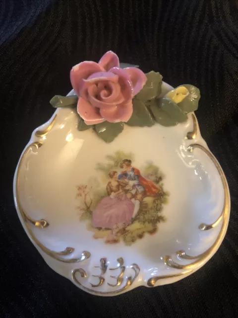 Antique Dresden Pink & Yellow Rose  Trinket Dish Gold Gilt Blue N Crown Mark