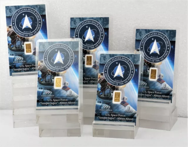 WOW 5 PACK GOLD US SPACEFORCE 1/15 GRAM 999 PURE 24k GOLD BAR IN ASSAY CARD 31c