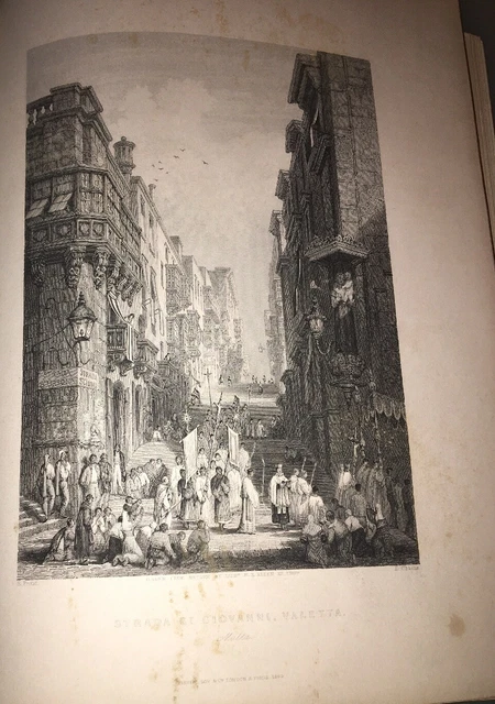 Malte.la Valette.strada St-Giovanni.procession. 1840 Steel Engraving.