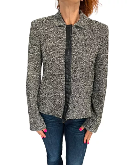 Max Mara Italy Black White Tweed Wool Leather Trim Jacket Snap Blazer Sz 10