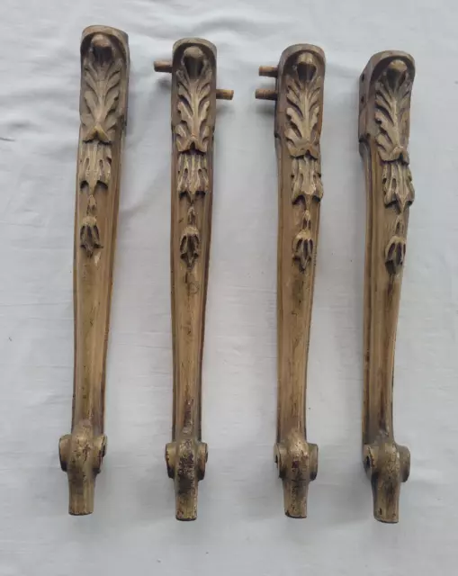 4 Antique French-Carved Table Legs 17.5" Elaborate Hand Carved Walnut Painted