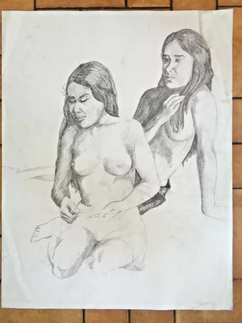 ETUDE DE NU FEMININ Femmes nues Grand Dessin signé érotisme curiosa Art Nude