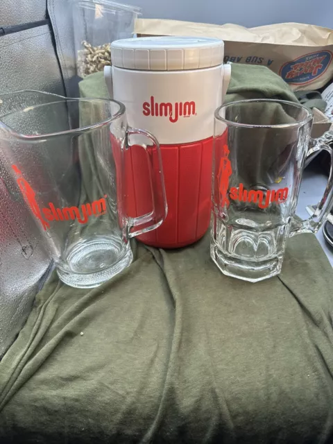 Vintage Slim Jim Brand Advertising Glass Pitcher/Mug/Coleman beverage cooler.