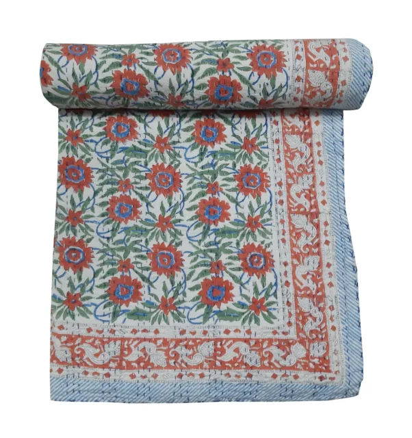 Hand Block Print Indian Cotton Kantha Quilt Handmade Stitching Bedspread Throw