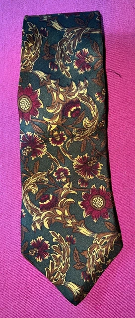 Cravate Vintage Status Pure Soie – Vert Kaki Motifs Bordeaux Et Or, Largeur 9 Cm