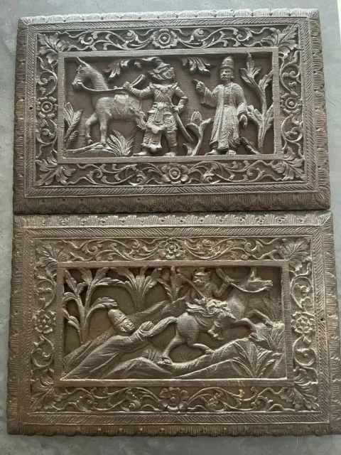 Pair Of Antique Thai Carved Wood Panels. Figural Scenes. Yaksha.