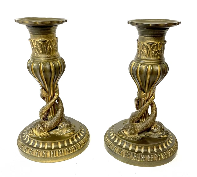 Pair Antique Ormolu  Gilt Bronze Candle Sticks Sea Serpents / Mythical Dolphins