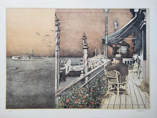 GIANNINI GIUSEPPE (Lucca 1937) LITOGRAFIA OPERA Veduta Venezia e Isola Giudecca