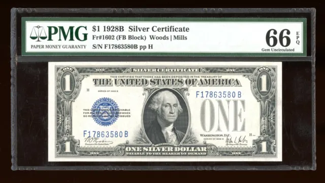 DBR 1928-B $1 Silver Funnyback Fr. 1602 FB Block Gem PMG 66 EPQ Ser # F17863580B