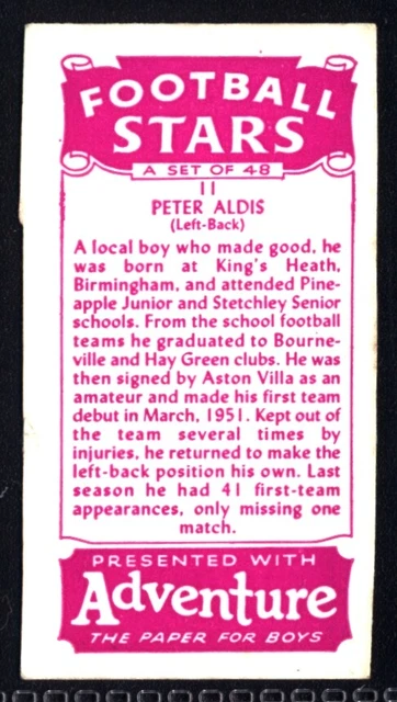D.C. Thomson Football Stars 1957 (Abenteuer) Peter Aldis (Aston Villa) Nr. 11 2
