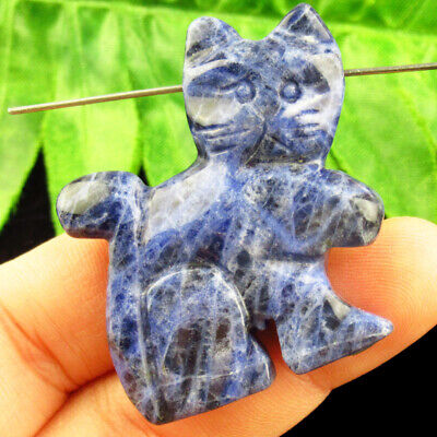TJ91762 Carved Old Sodalite Cat Pendant Bead 45x36x8mm