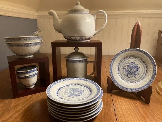 16 Piece Tea Set/Vintage Chinese Blue White Porcelain Rice Grain/ Never Used