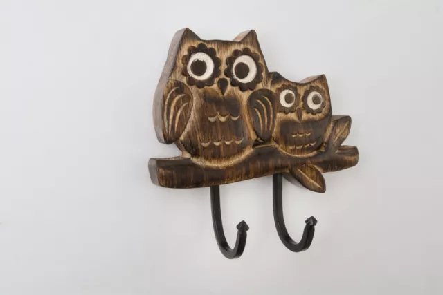 Wooden 2 Metal Iron Hooks Hand carved Owl Double Wall Coat Towel Kitchen Rustic