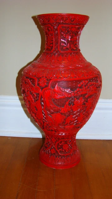 Chinese Tall Carved Cinnabar Vase 19" Ornate Details w Figures Scenes Flowers