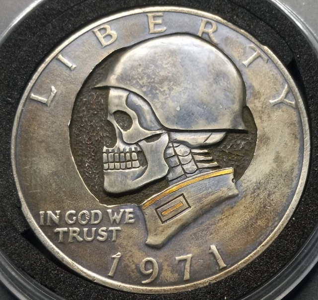 US Dollar Hobo Skull Coin 1971 Hand Carved Gold inlay Engraved