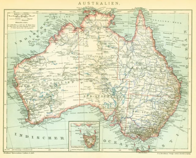 Landkarte anno 1905 - Australien - Down Under NSW Queensland Victoria Tasmanien