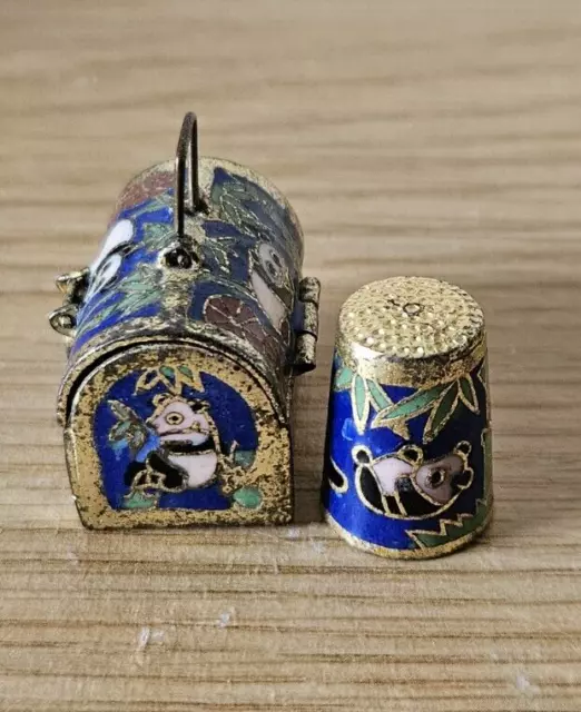 Thimble & Box Chest Cloisonné Metal Trinket Enamel Panda Bear Gold Tone Sewing 3