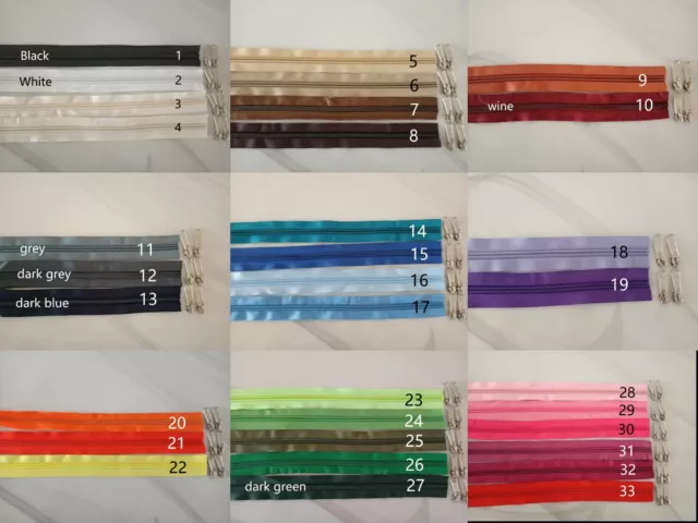 No. 5  continuous zip and slider -  33 colours of zippers with silver sliders