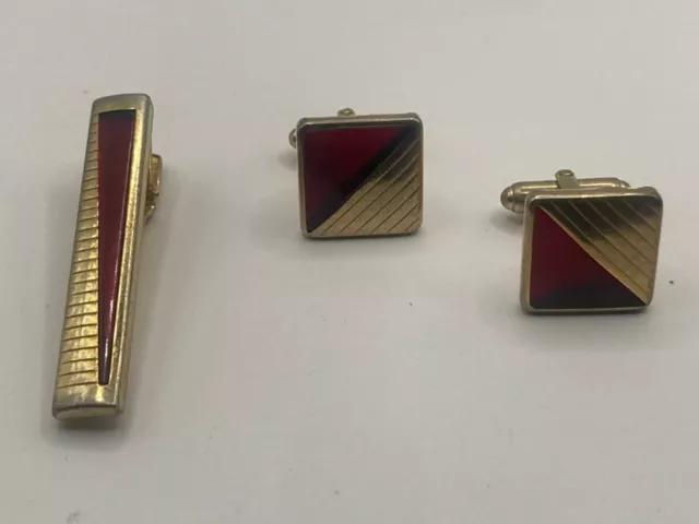 Vintage Cufflink Tie Bar Set Anson Mid Century  Modern Gold Tone & Red Menswear