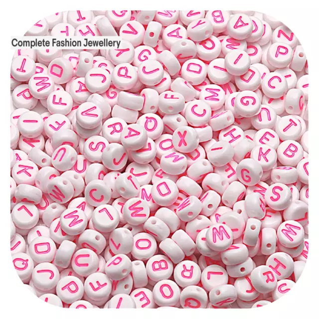 100 4Mm X 7Mm White / Pink Random Alphabet Letter A - Z Acrylic Flat Round Beads