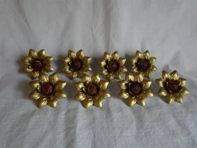 8 Vintage Metal Push Pin Curtain Drapery Tie Backs, Flowers Roses w/ Gold Petals