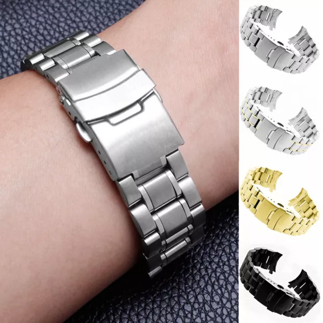18/20/22/24mm Stainless Steel Solid Links Bracelet Watch Band Strap Curved End