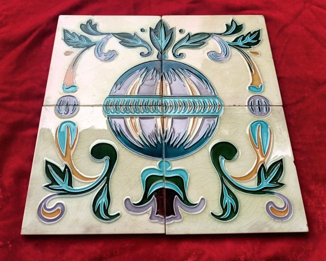 4 Piece Set Old Art Flower Design Embossed Majolica Ceramic Tiles Japan 0415 2